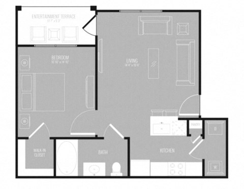 Floor plan for 1 bed, 1 bath, 684 sqft